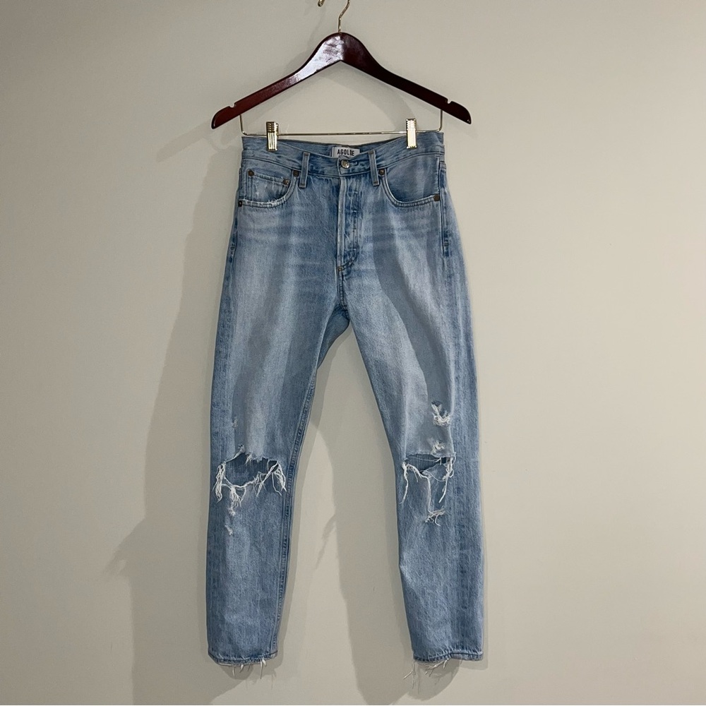 AGOLDE Sz 26 Distressed High Rise Straight Leg Jeans Light Wash Ripped Denim - Picture 2 of 7